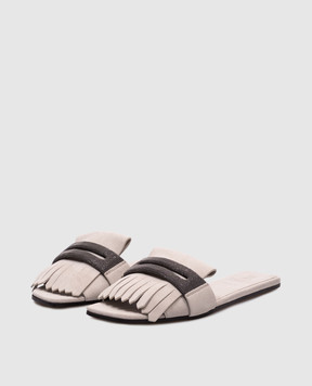 Brunello Cucinelli Gray suede flip-flops with a monil chain MZSFC2873