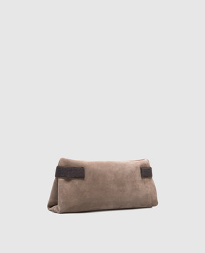 Brunello Cucinelli Beige suede clutch Pouch Essence with monil chain MBDLD2746P