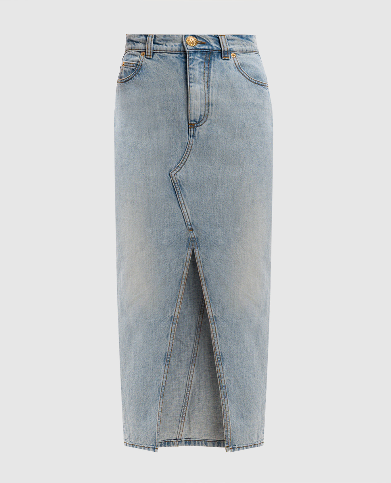 Blue denim midi skirt with a figure-hugging neckline Balmain