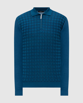 Stefano Ricci Blue wool, silk and cashmere polo shirt with a pattern K202018P30F25394
