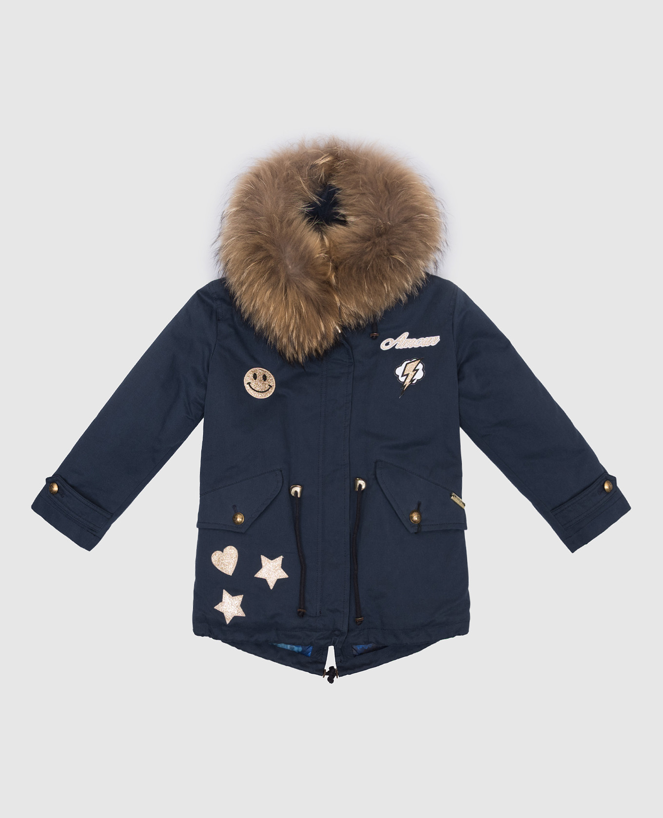Children's blue fox fur parka with branded patches