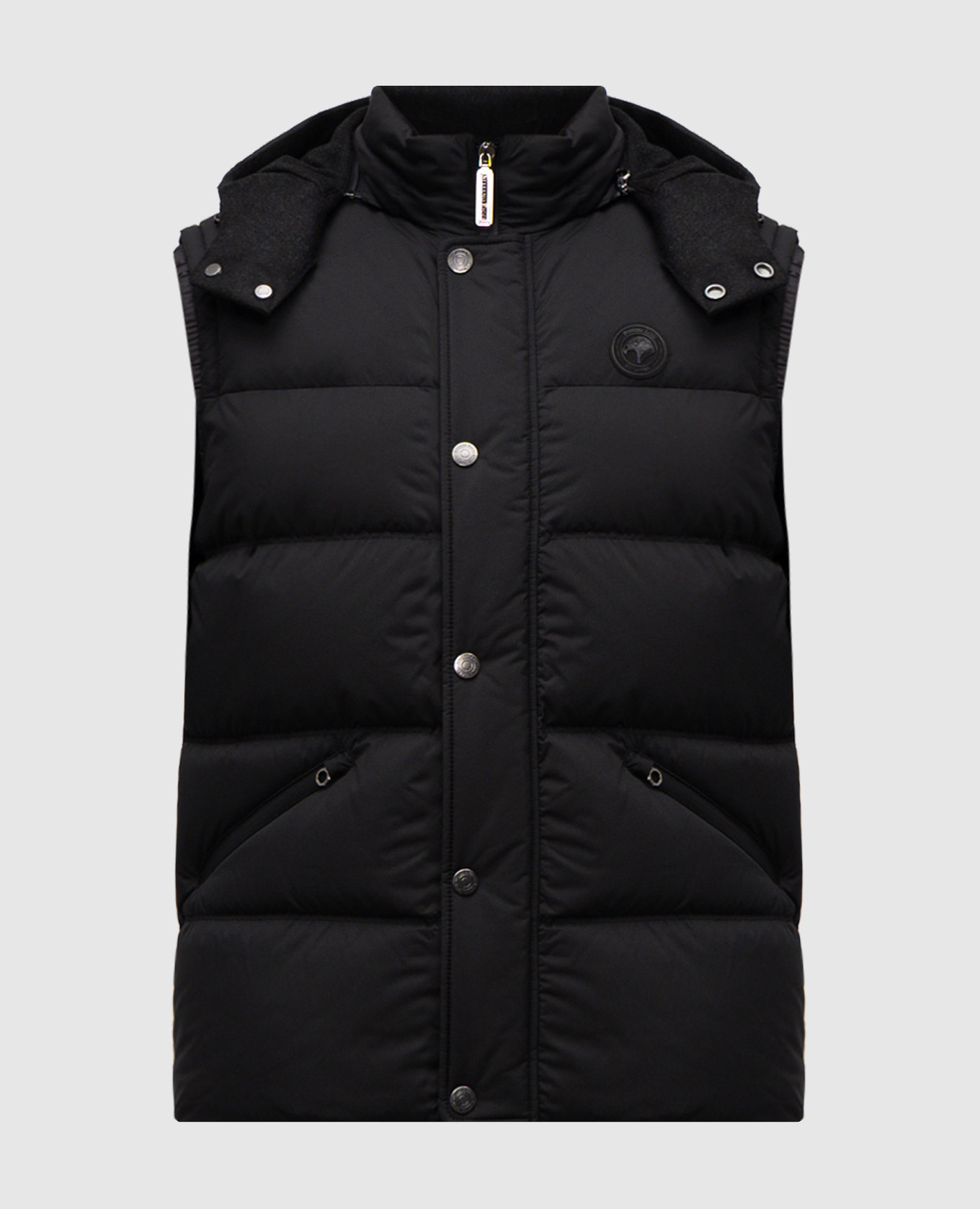 Black down vest with textured logo