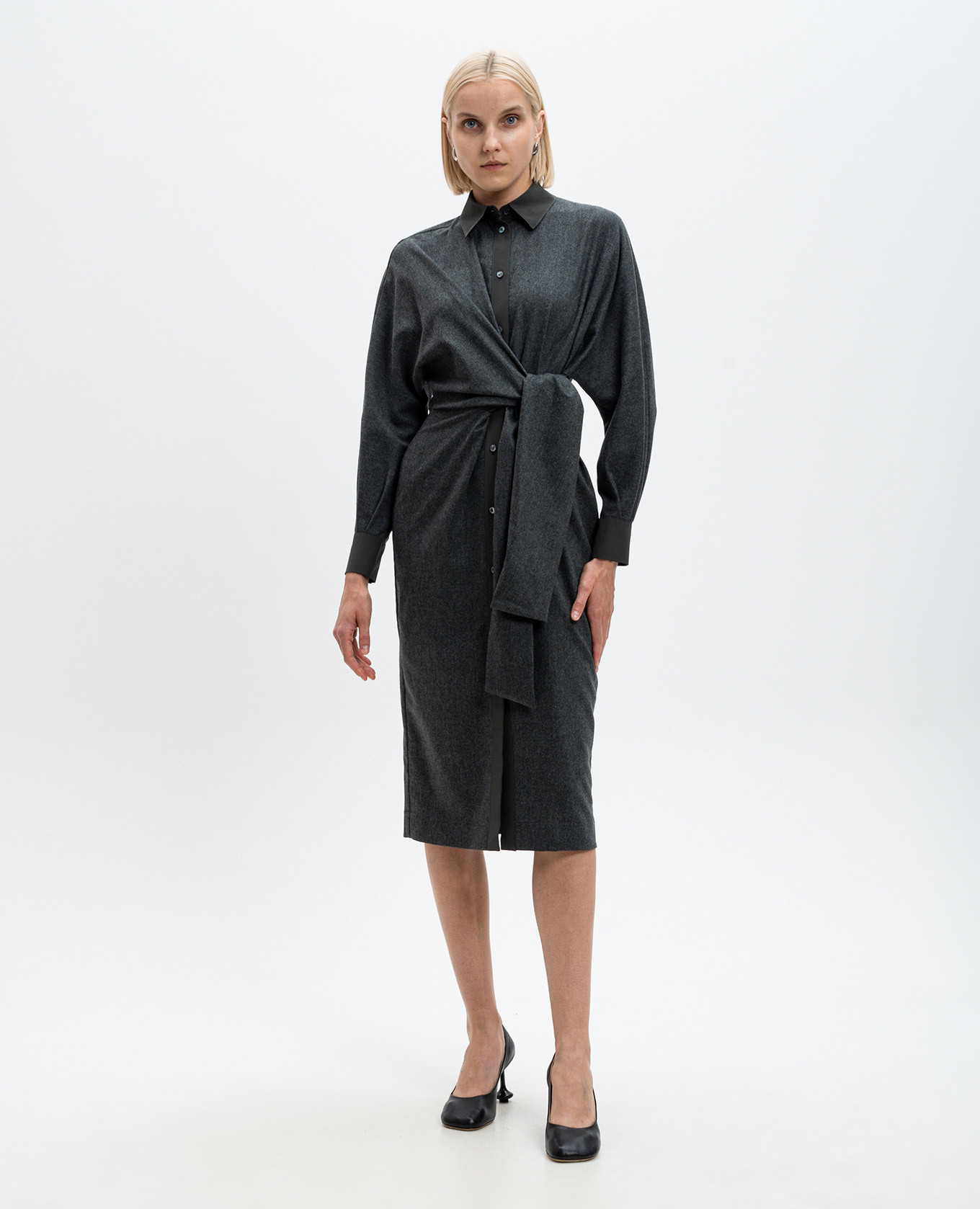 Gray wool and cashmere shirt dress with metallic logo Agnona 3