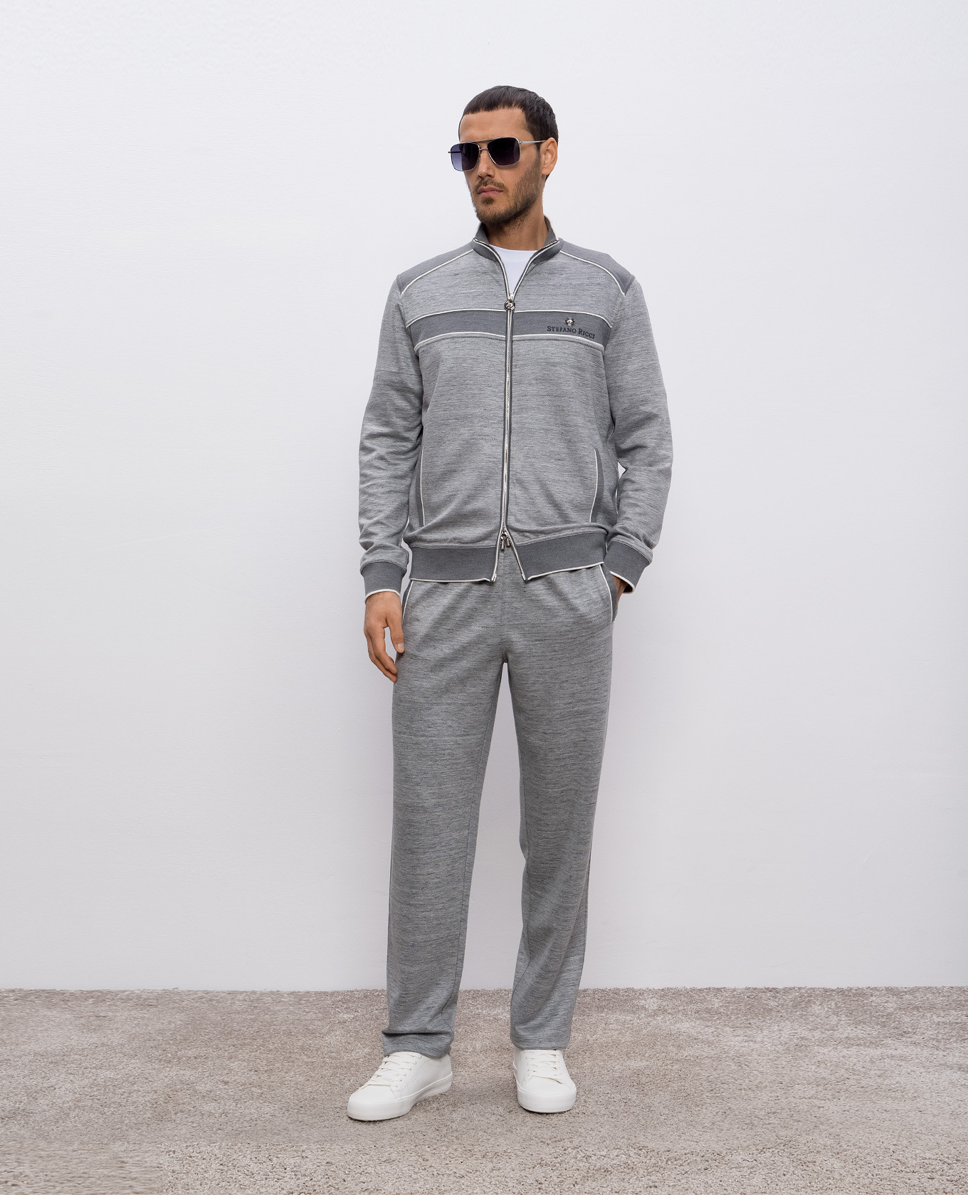 

Grey melange silk and linen sweatpants with logo Stefano Ricci
