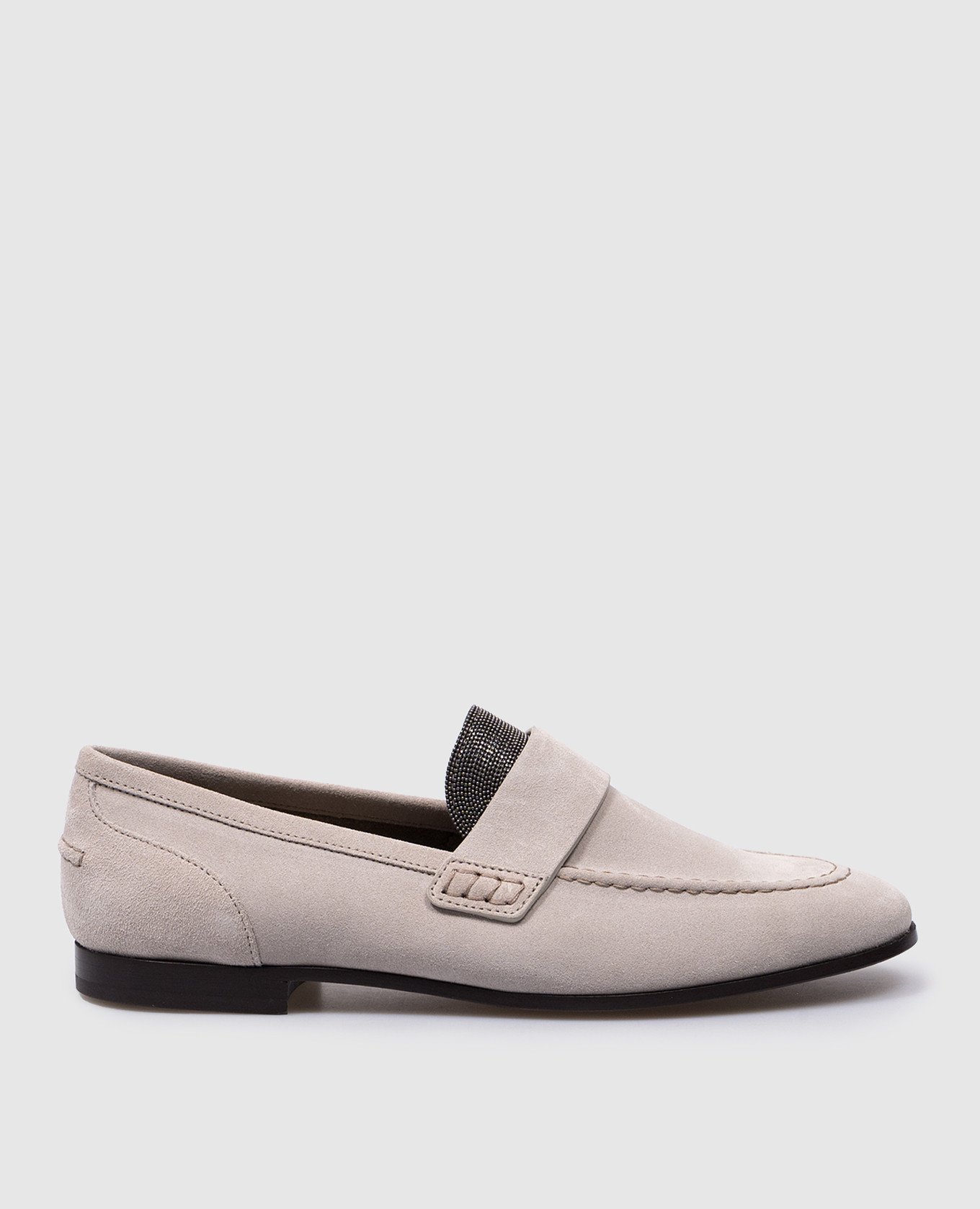 Brunello Cucinelli Gray suede loafers with monil chain