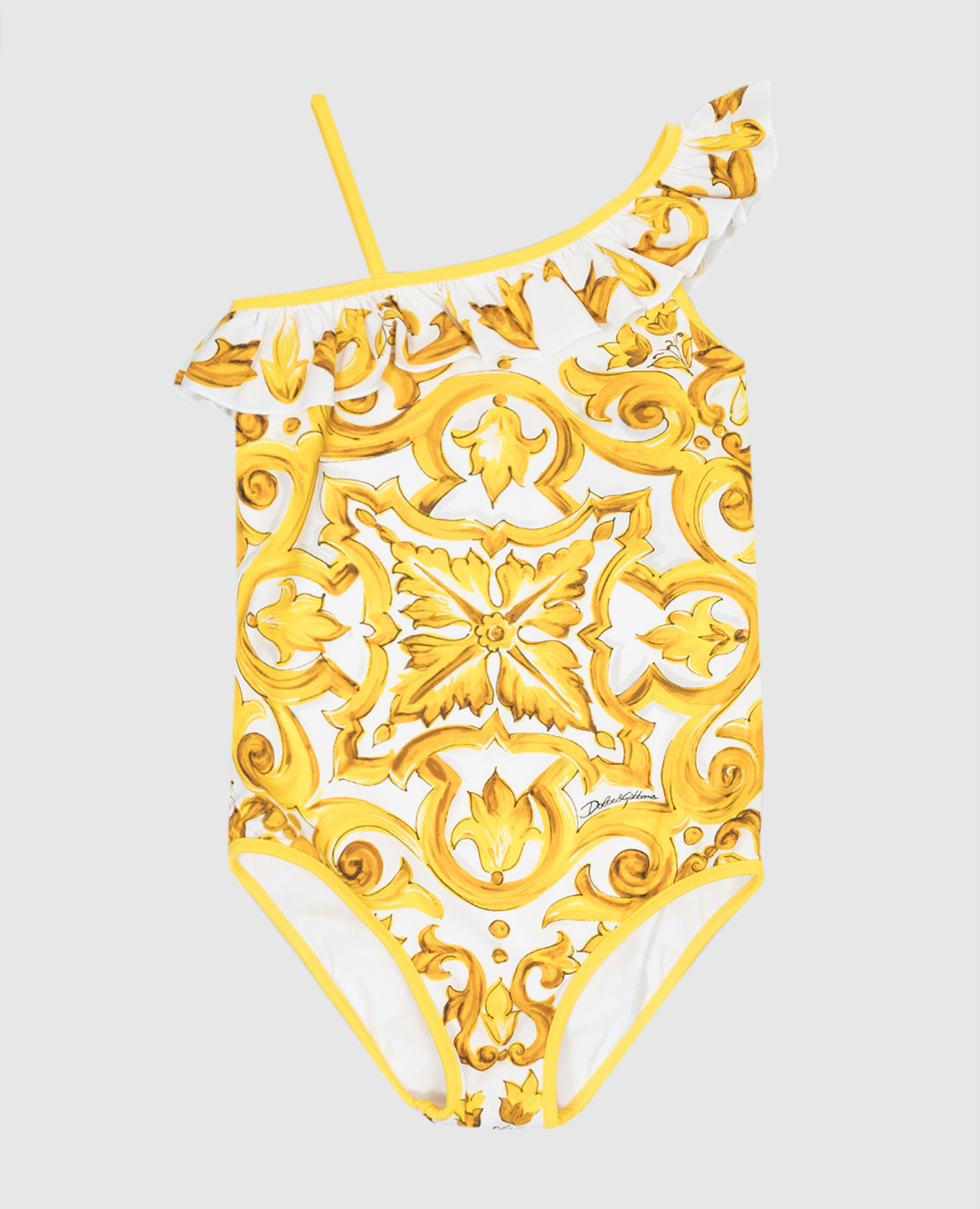 Children's white swimsuit in majolica print with ruffles dolce&gabbana