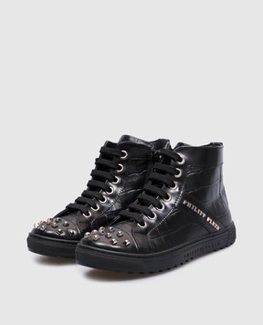 Philipp Plein Children's black leather sneakers with metal logo BSC00172935