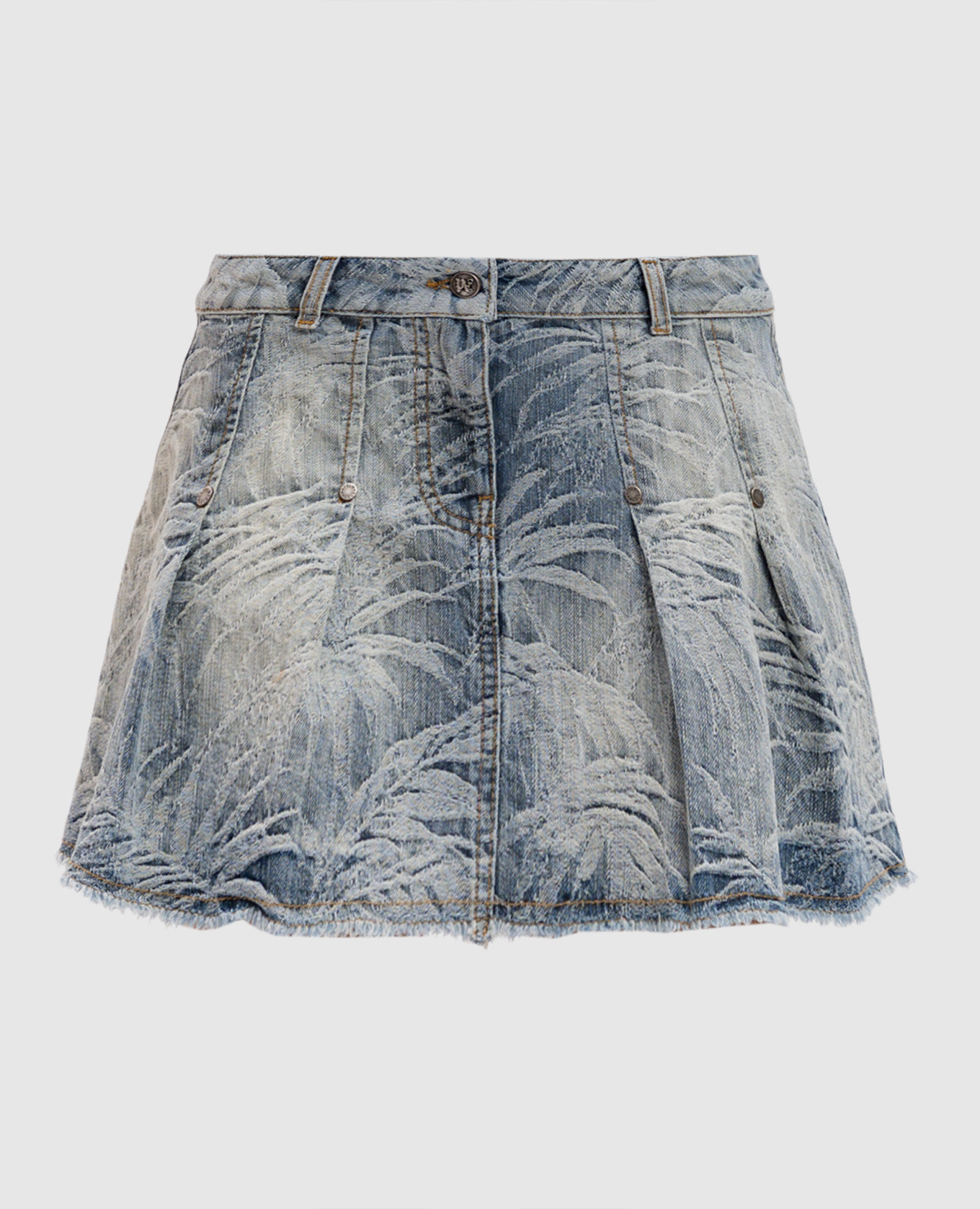 

Blue denim mini skirt in a pattern with a leather logo patch Palm Angels, Light blue