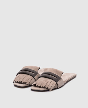 Brunello Cucinelli Beige suede flip-flops with a monil chain MZSFC2873