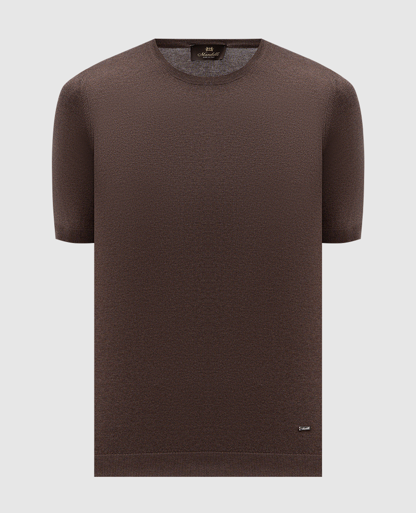 

Brown silk T-shirt with metal logo plate Enrico Mandelli