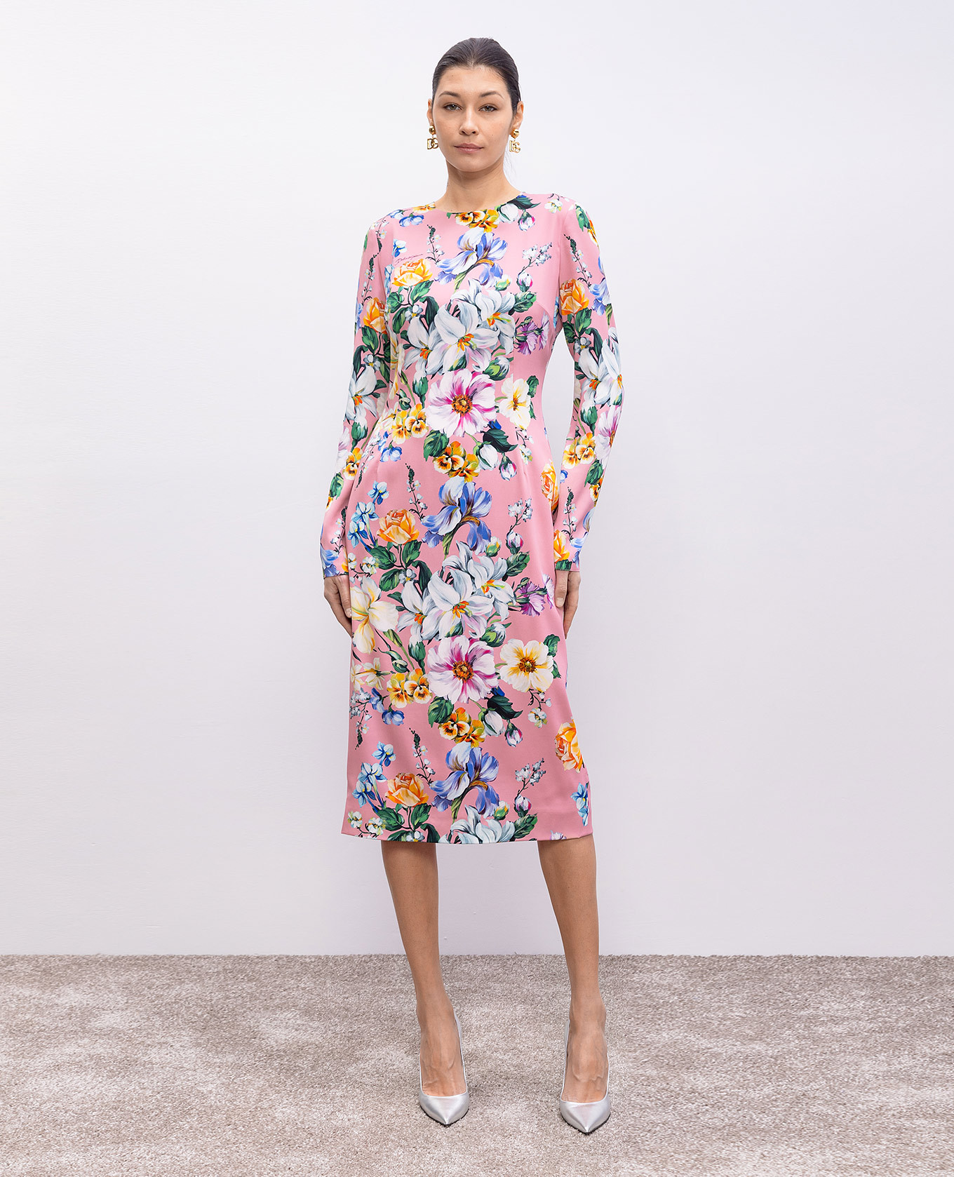 Pink floral print silk midi dress Dolce&Gabbana 3