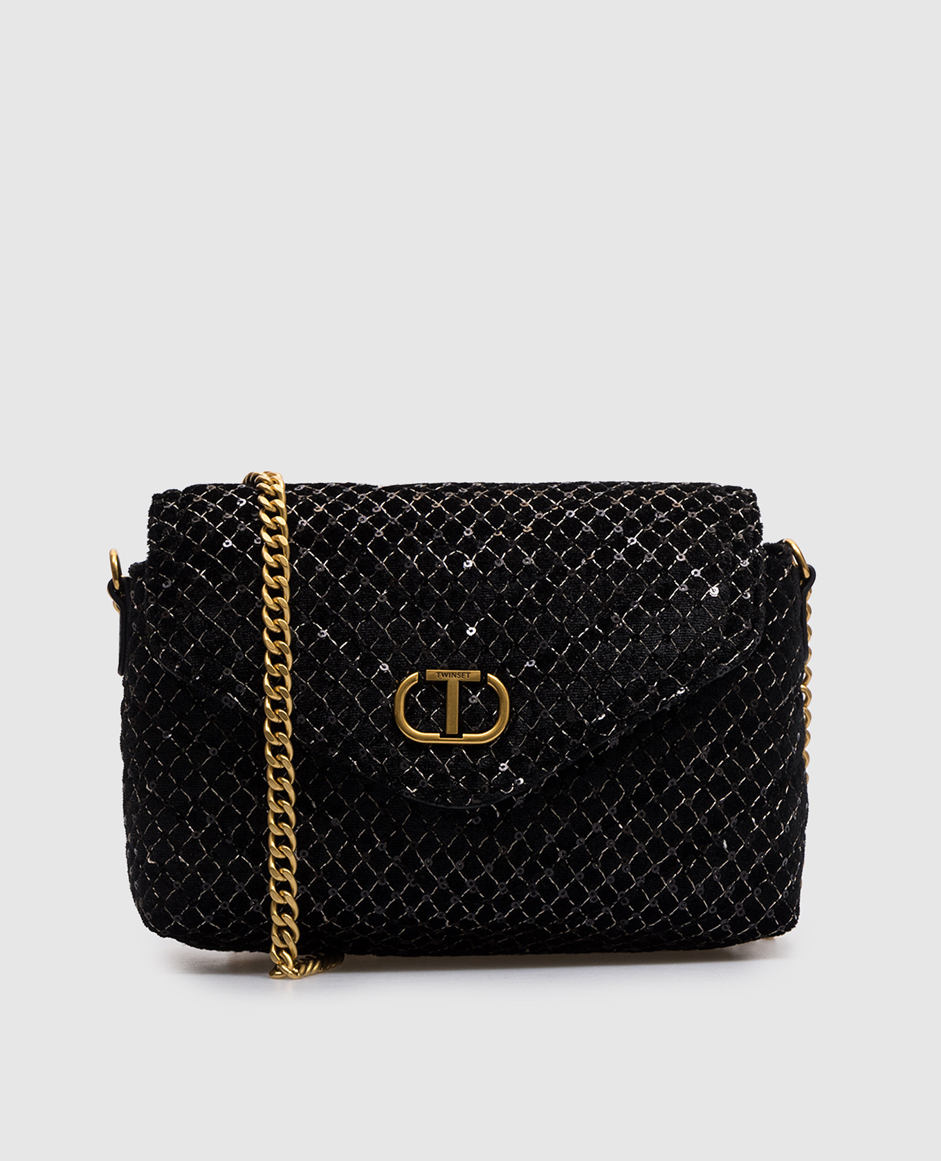

Black messenger bag with metallic Oval T logo and sequins Twinset