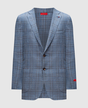 ISAIA Blue checked wool, silk and linen blazer 521GSI98547