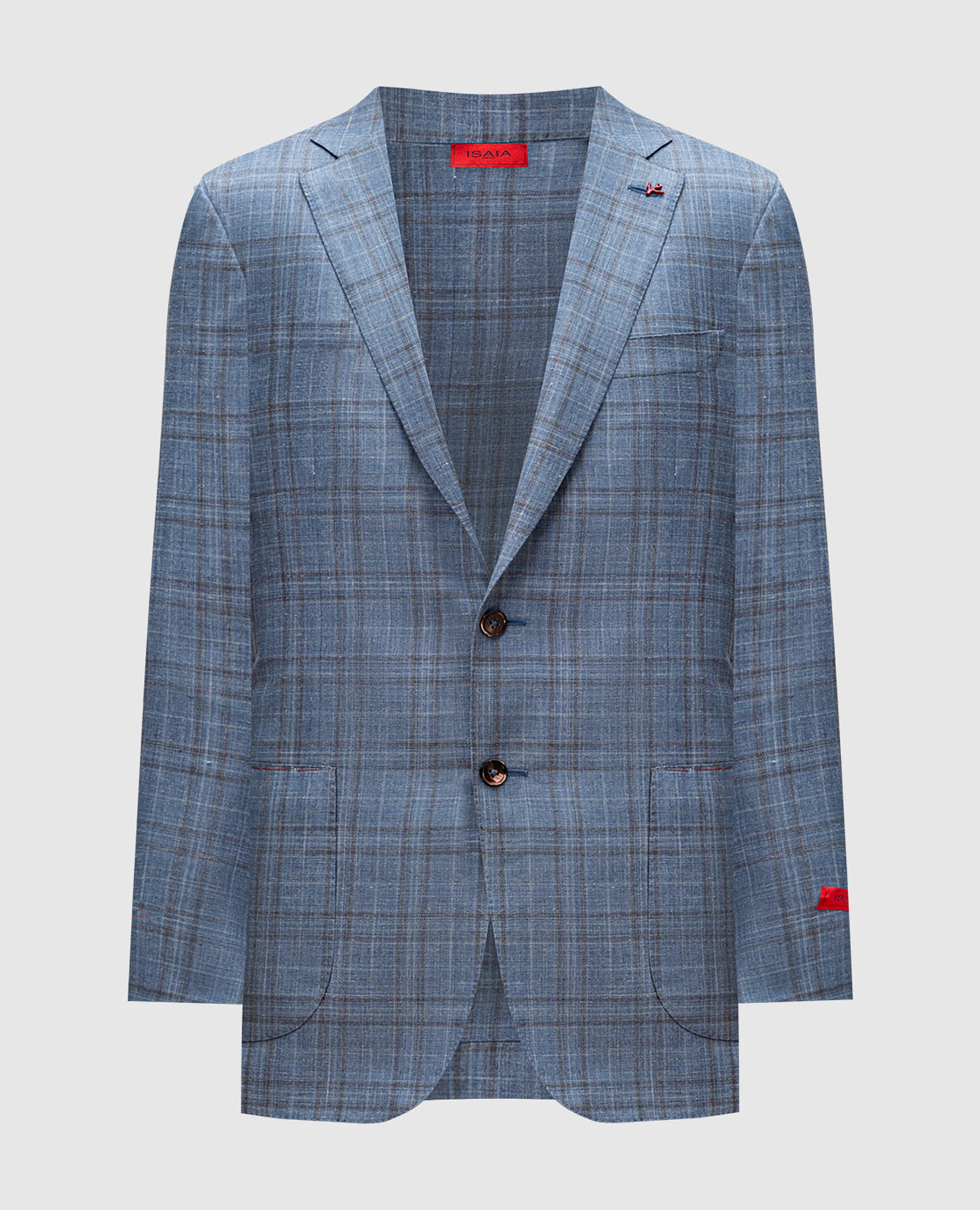 Blue checked wool, silk and linen blazer ISAIA