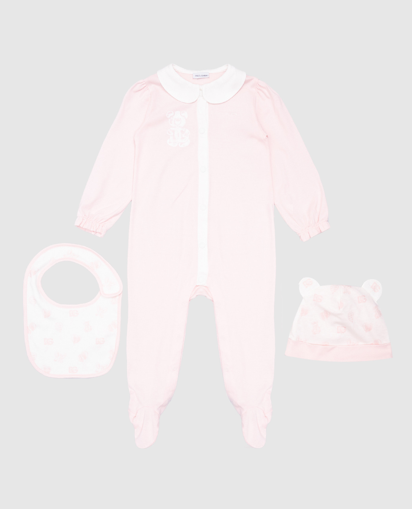 

Baby pink set of jumpsuit, hat and bib with logo Dolce&Gabbana