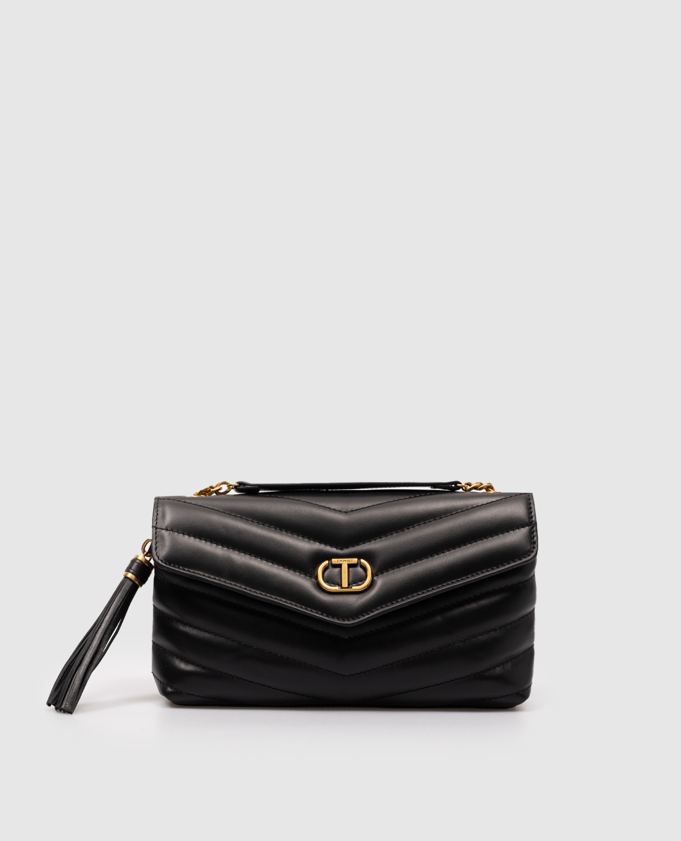 

Dreamy black quilted leather bag with metallic logo Twinset