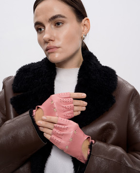 Babe Pay Pls Pink leather mittens with perforations 14021