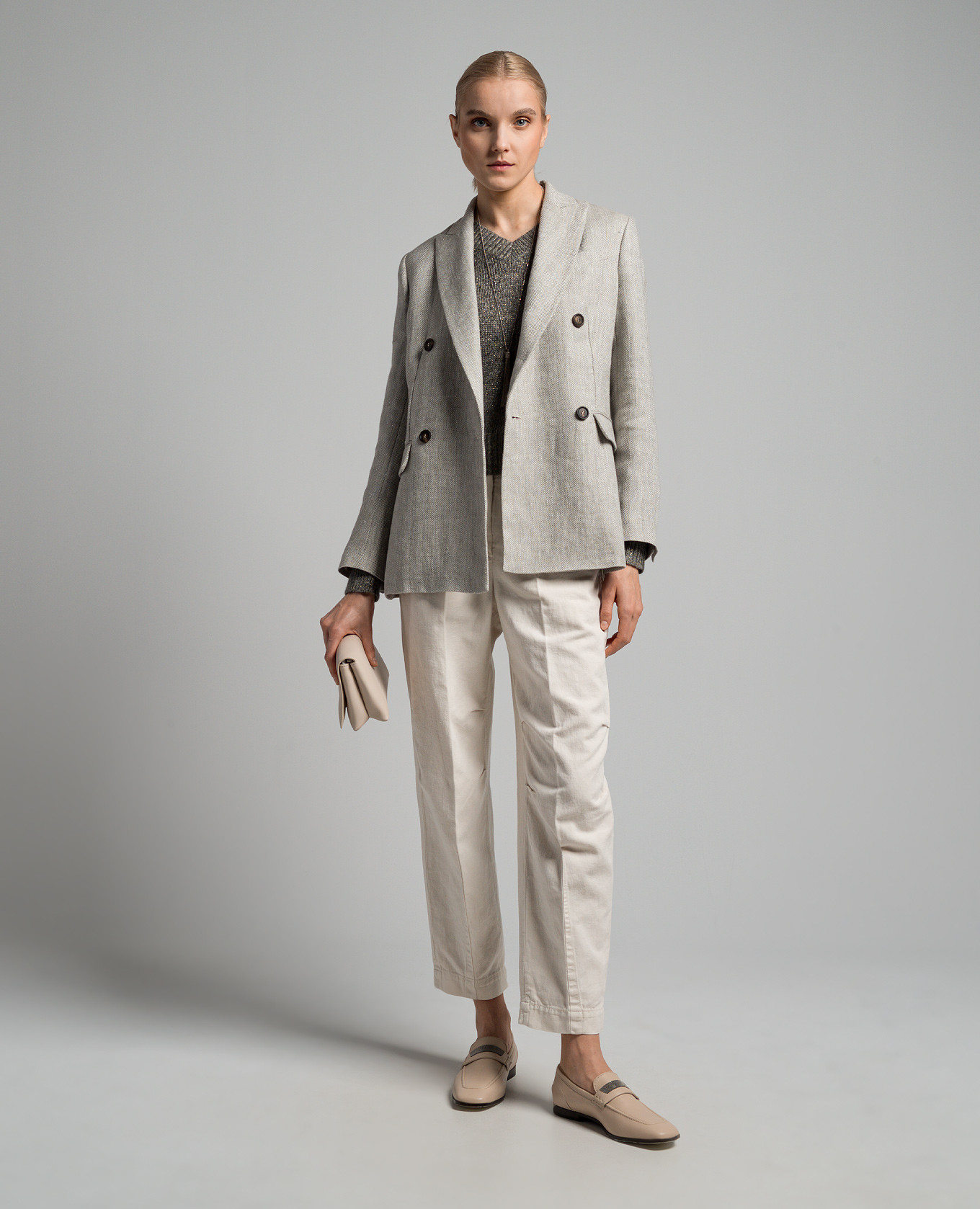 Gray double-breasted linen jacket with monil chain Brunello Cucinelli 2