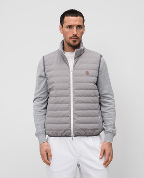 Brunello Cucinelli Grey down vest with embroidered logo emblem MM49A7460G