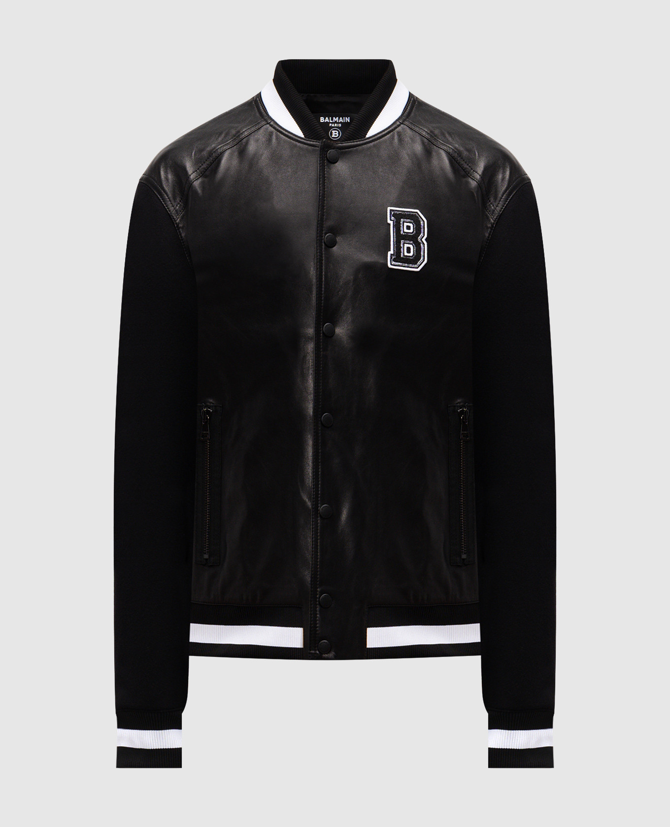 

Black leather bomber jacket with wool and cashmere with logo Balmain