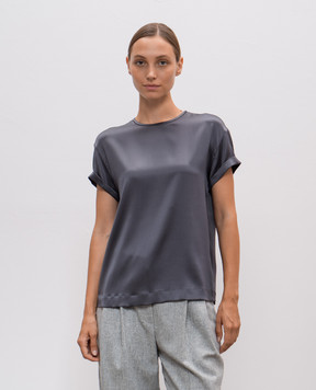 Brunello Cucinelli Gray silk top with ecolathuni monil chain M0C59DE310