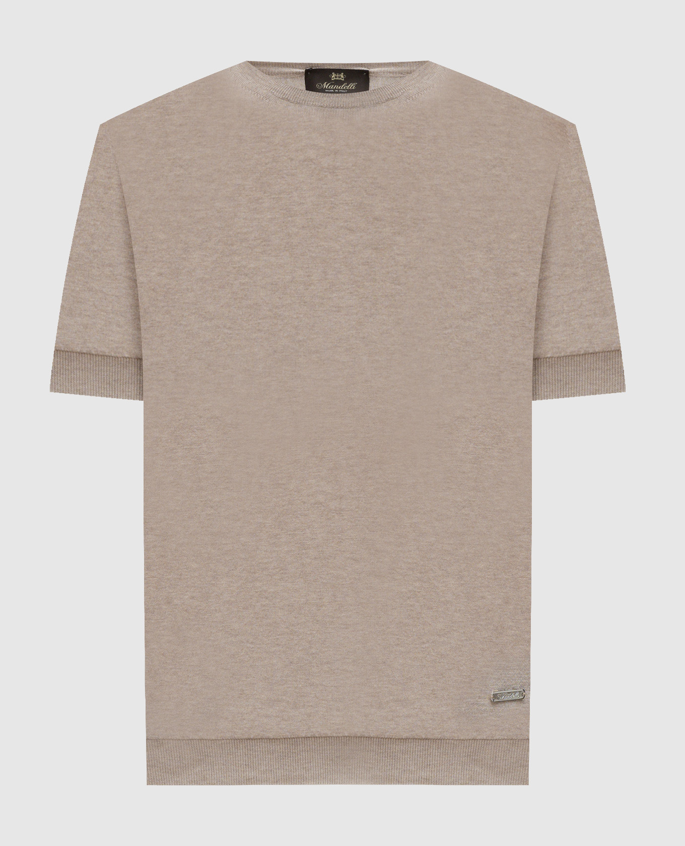 Beige silk T-shirt with metal logo plate Enrico Mandelli
