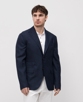 Peserico Blue double-breasted checked wool, linen and silk jacket R5102308270