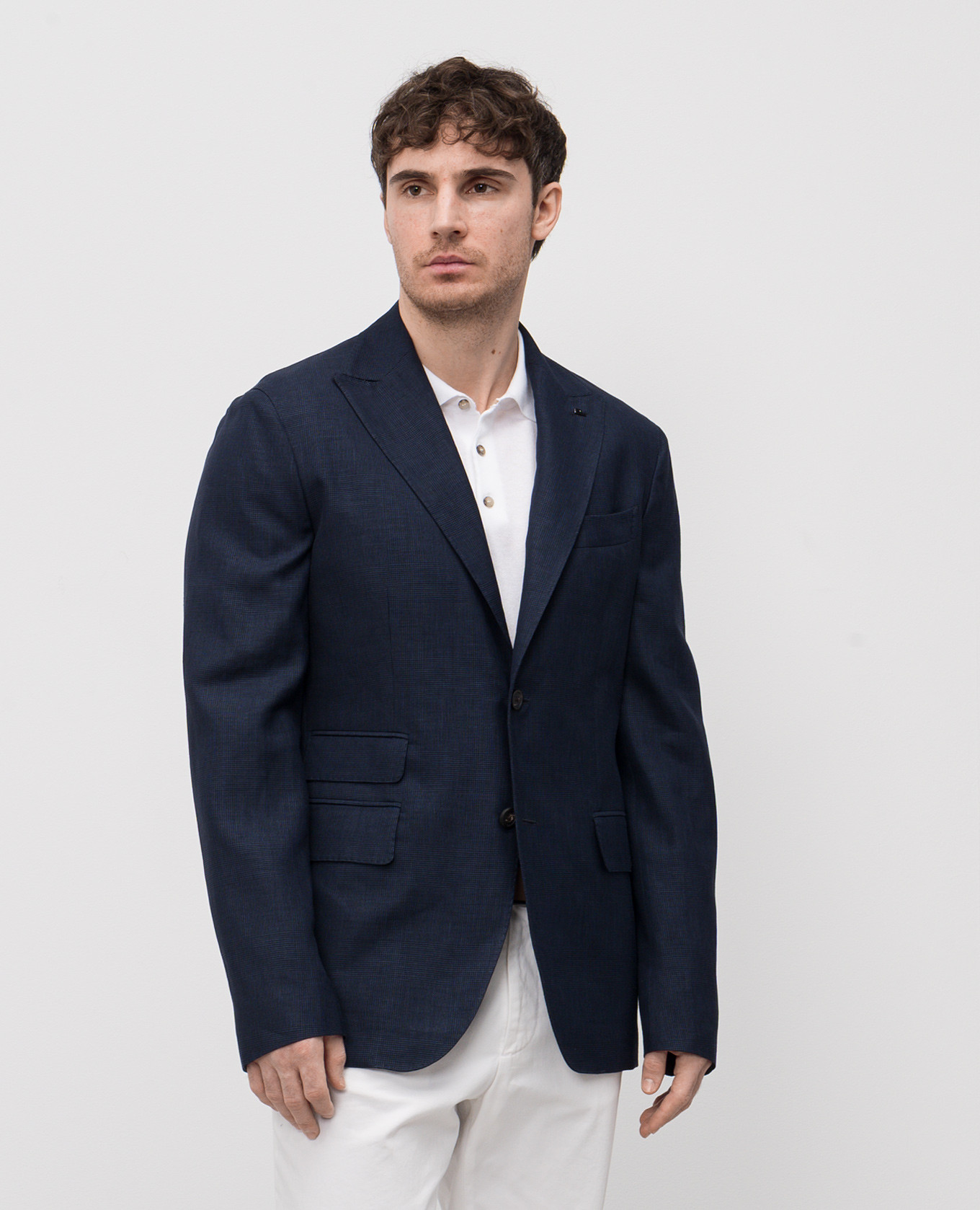 

Blue double-breasted checked wool, linen and silk jacket Peserico