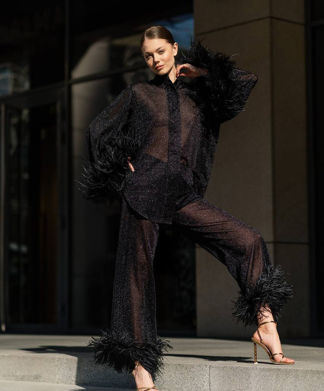 Oseree - Lumiere Plumage black pants with ostrich feathers