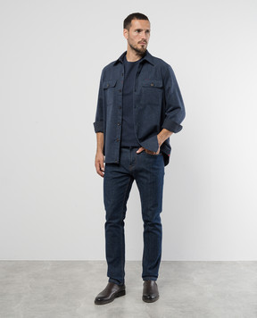 ISAIA Blue silk t-shirt with logo emblem embroidery MCI154JP001