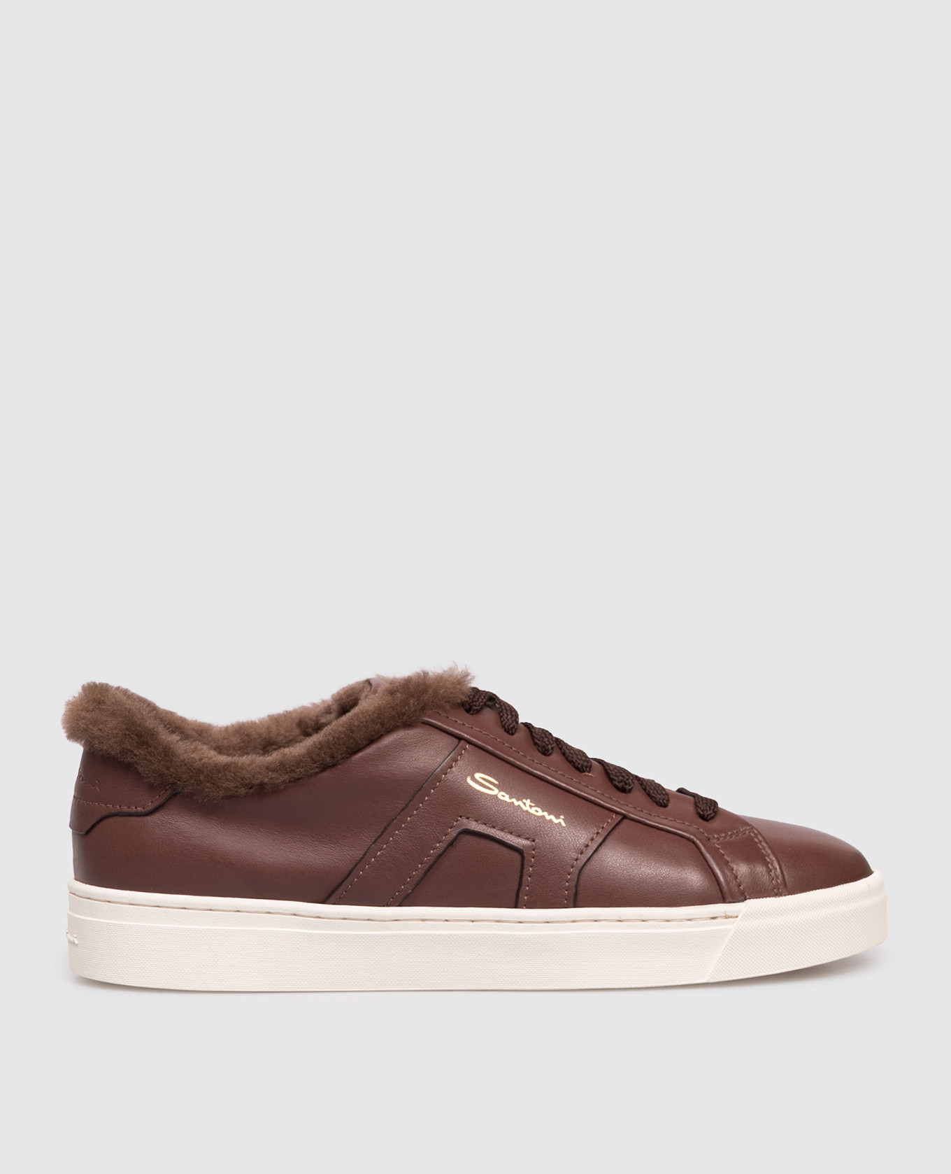 Brown leather sneakers with fur and logo Santoni