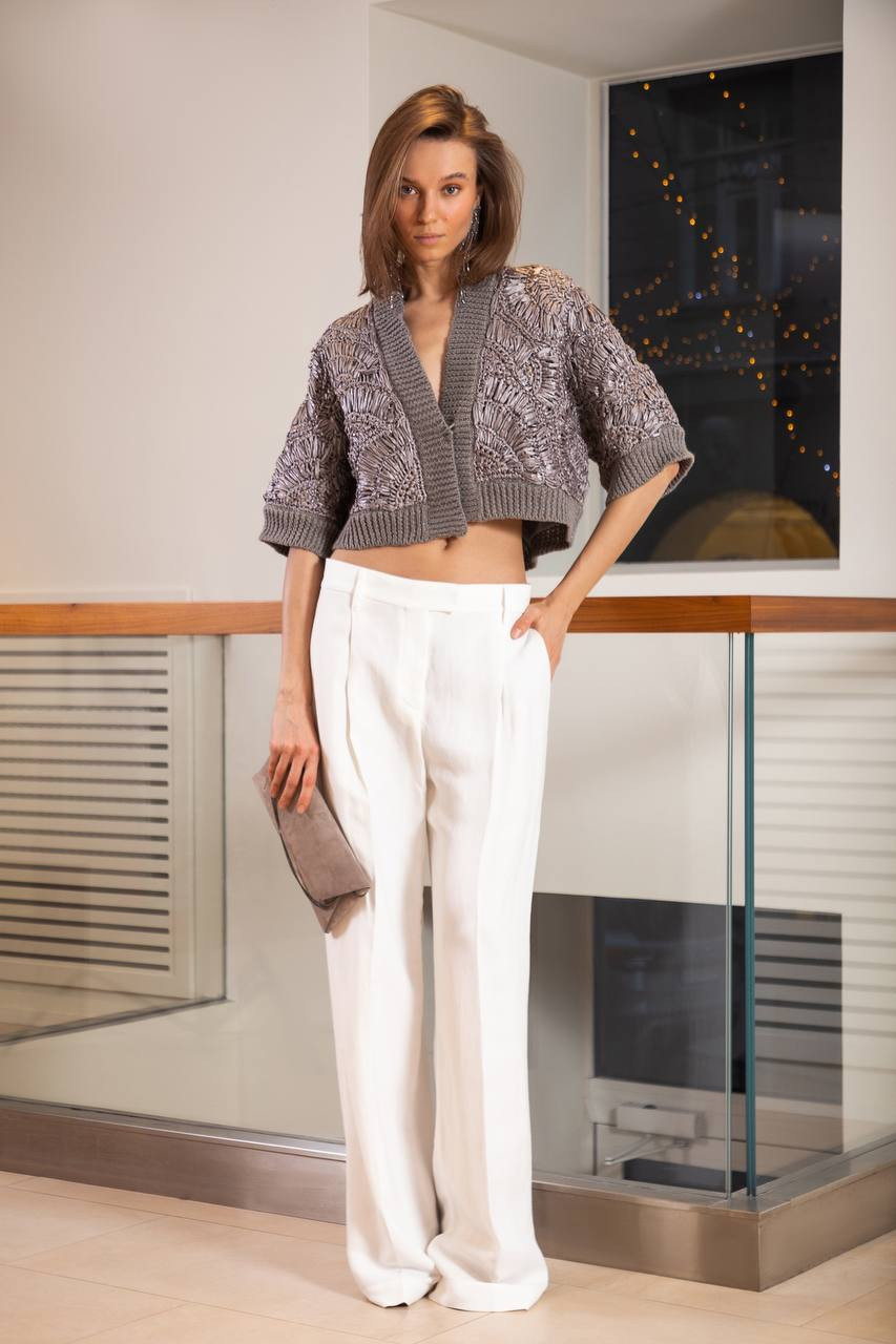 Gray cropped cardigan with braiding Brunello Cucinelli 6