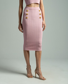 Balmain Lion Signature Pink Button Up Midi Skirt CF0LD023KF24