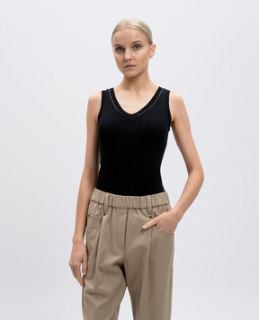 Brunello Cucinelli Black ribbed top with monil chain M0TC8BJ312