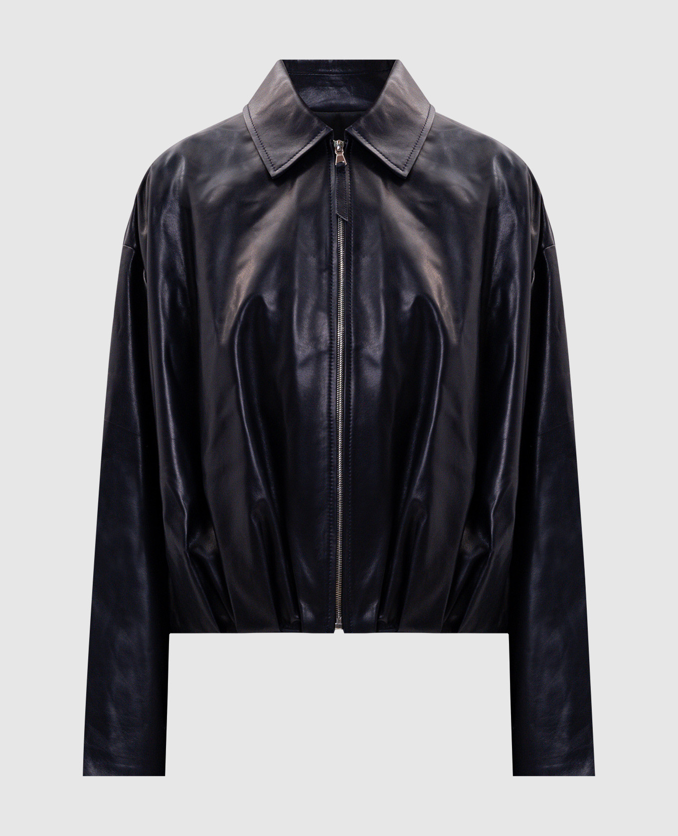 Blue leather jacket with logo patch