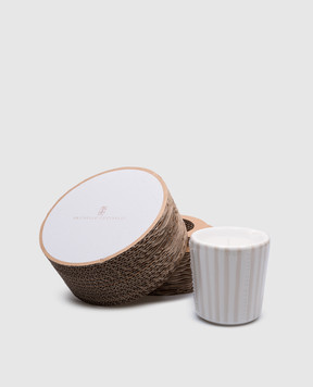 Brunello Cucinelli White scented candle in a striped ceramic candle holder with logo MLCANMD200