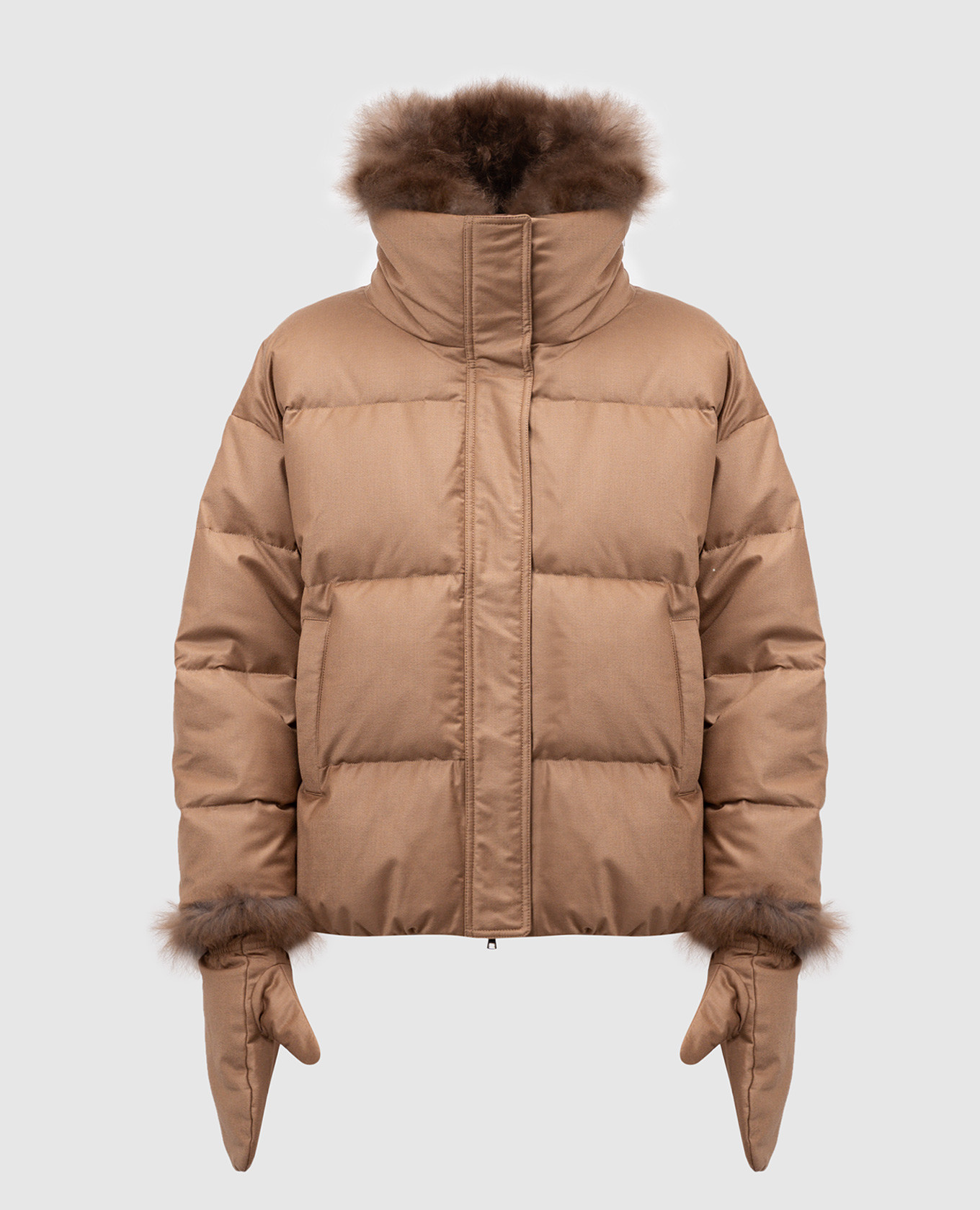 Yves Salomon - Brown wool and silk down jacket with mittens