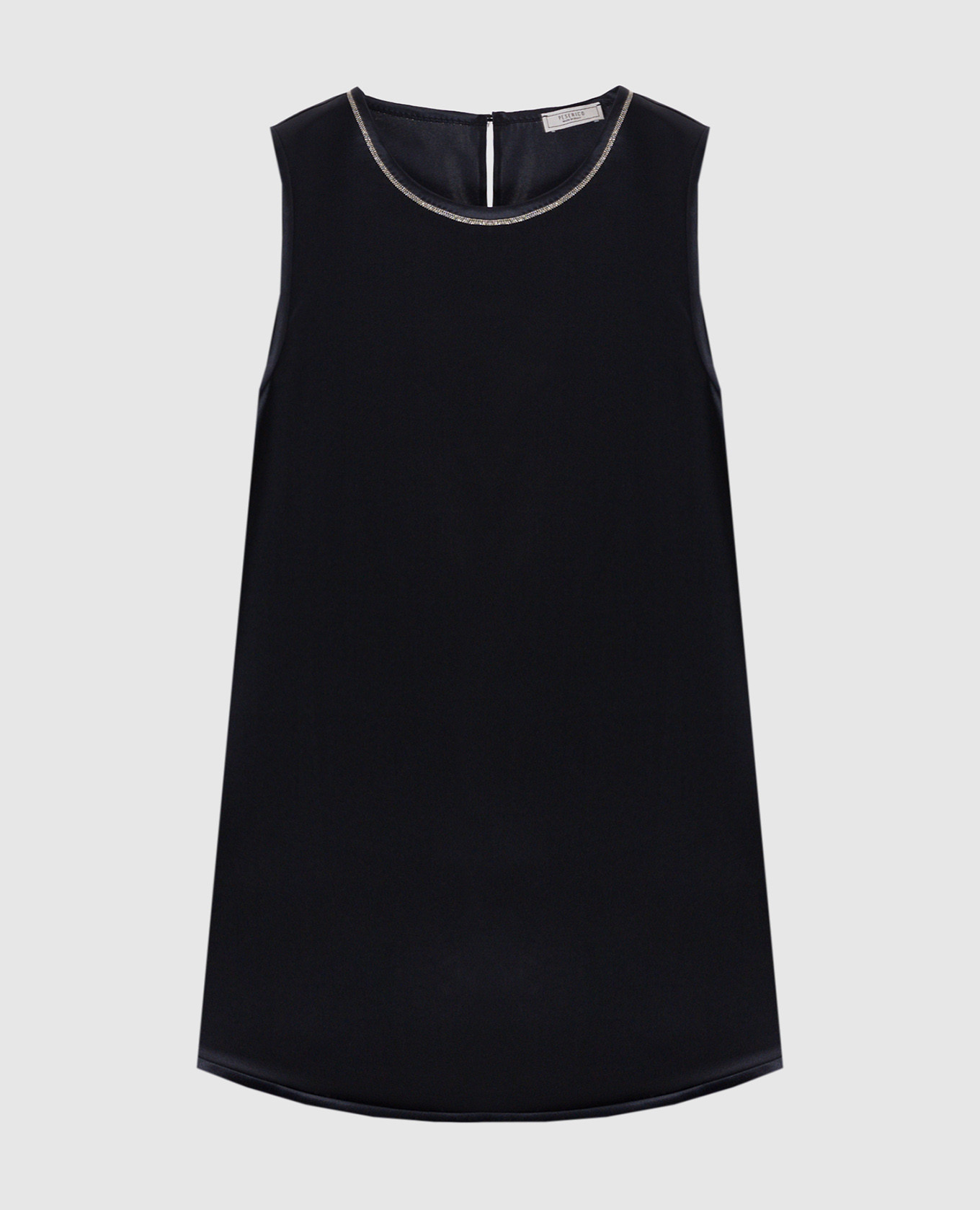 Blue silk top with monil chain