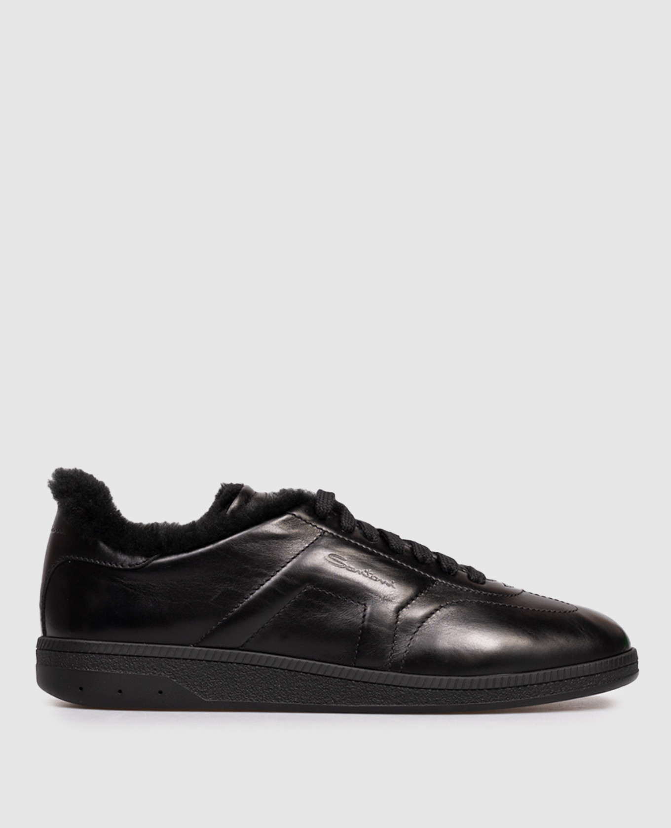 Black leather glossy sneakers with fur trim Santoni