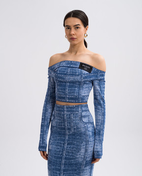 Balmain Blue cropped top with logo patch EF1AO385KH80