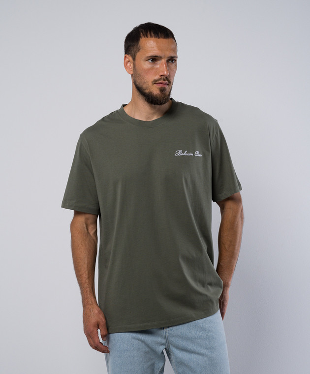 Tシャツ・カットソー BALMAIN Men T-shirt Green DH1EG010BC68 ULA Balmain - Green t-shirt with logo embroidery DH1EG010BC68