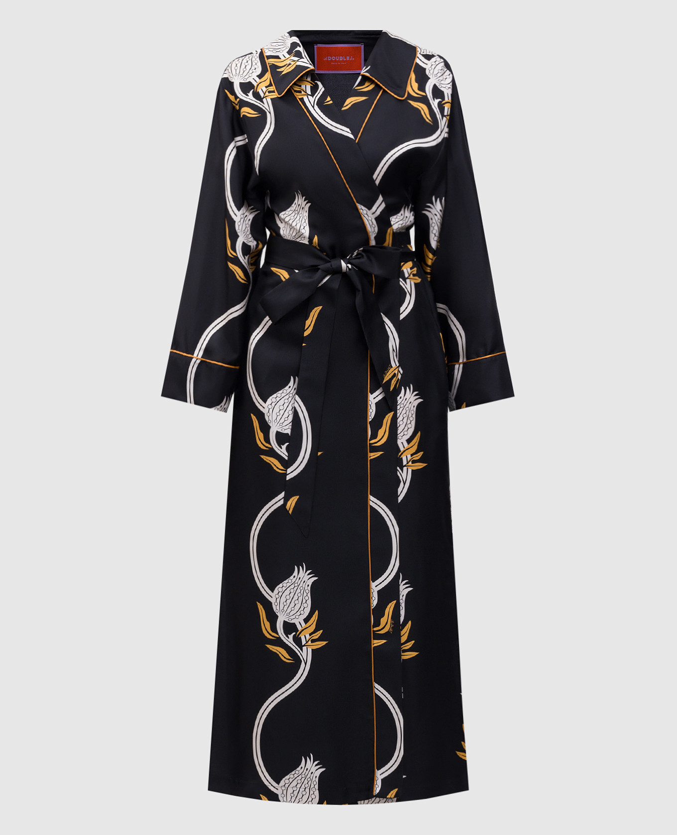 

Midnight black floral silk wrap midi dress La DoubleJ