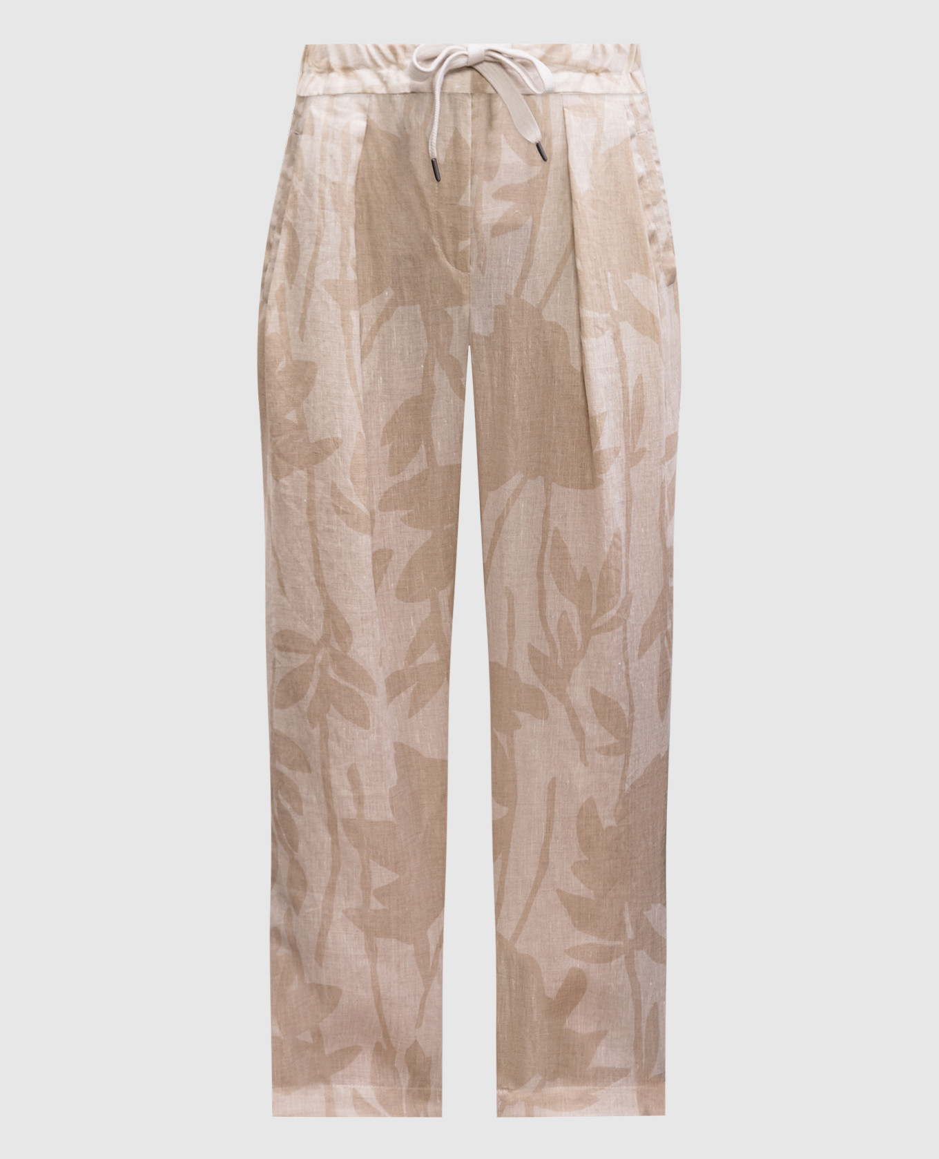 Beige linen pants with a floral pattern