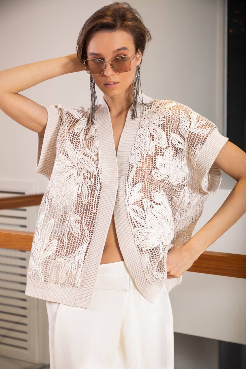 Beige openwork cardigan with a pattern Brunello Cucinelli 6