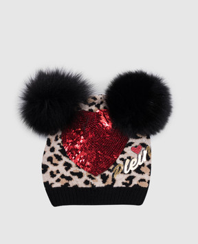 Philipp Plein Children's black merino wool hat with animalistic pattern GAC0005