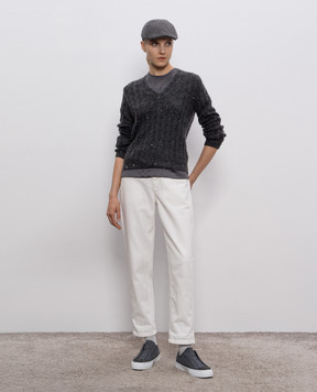 Brunello Cucinelli Gray silk top with monil chain MPC59DE310