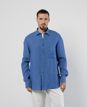Stefano Ricci Blue linen shirt with logo embroidery MC007261LX2330