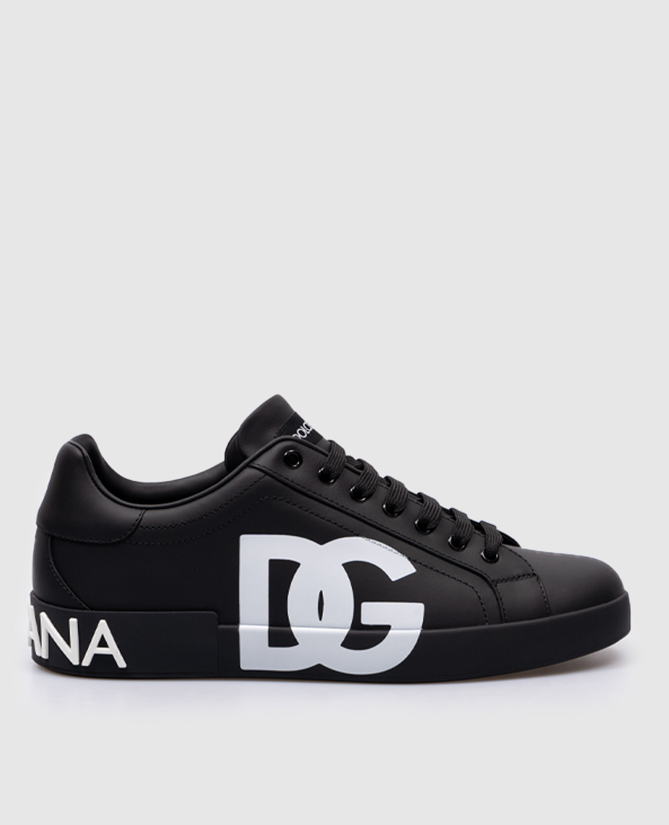 Black leather portofino sneakers with textured logo dolce&gabbana