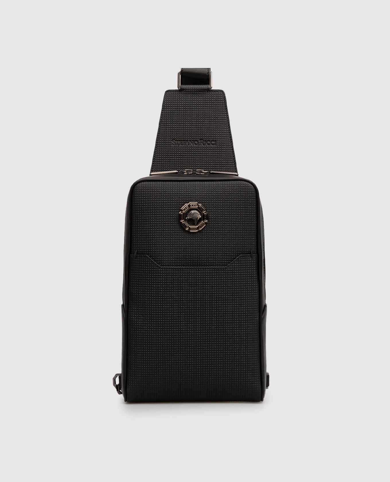 

Black leather sling bag with ruthenium-plated emblem Stefano Ricci