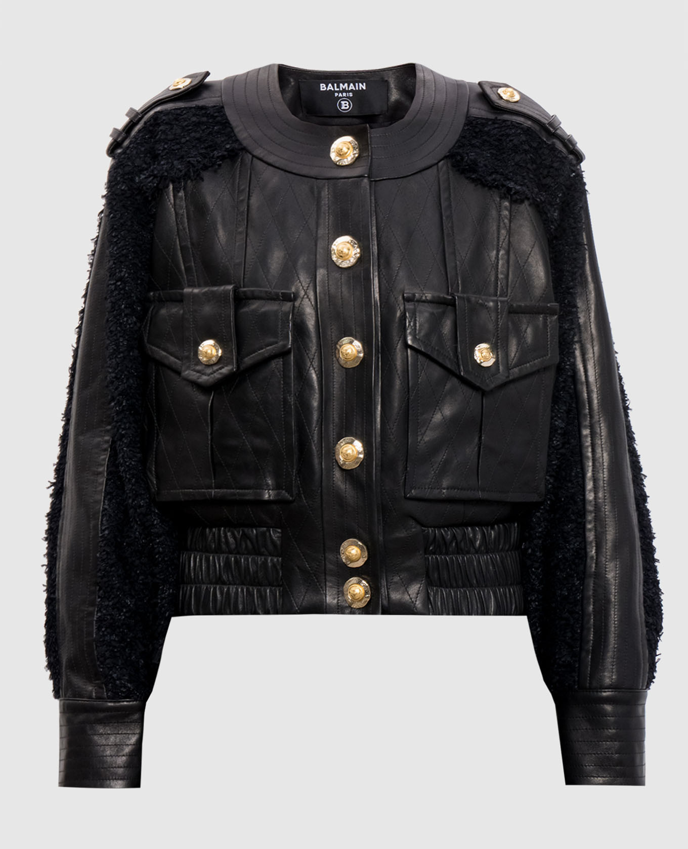 

Black leather jacket with tweed inserts Balmain